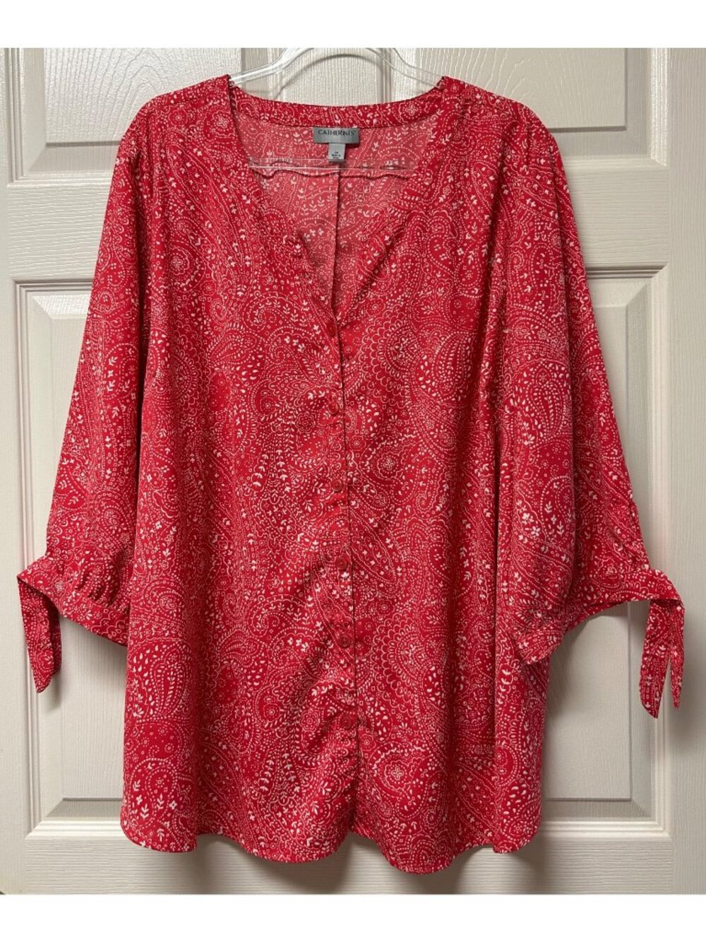 Catherines 2X Women's Pink White Paisley Button-Down Flowy 3/4 Tie Sleeve Blouse
